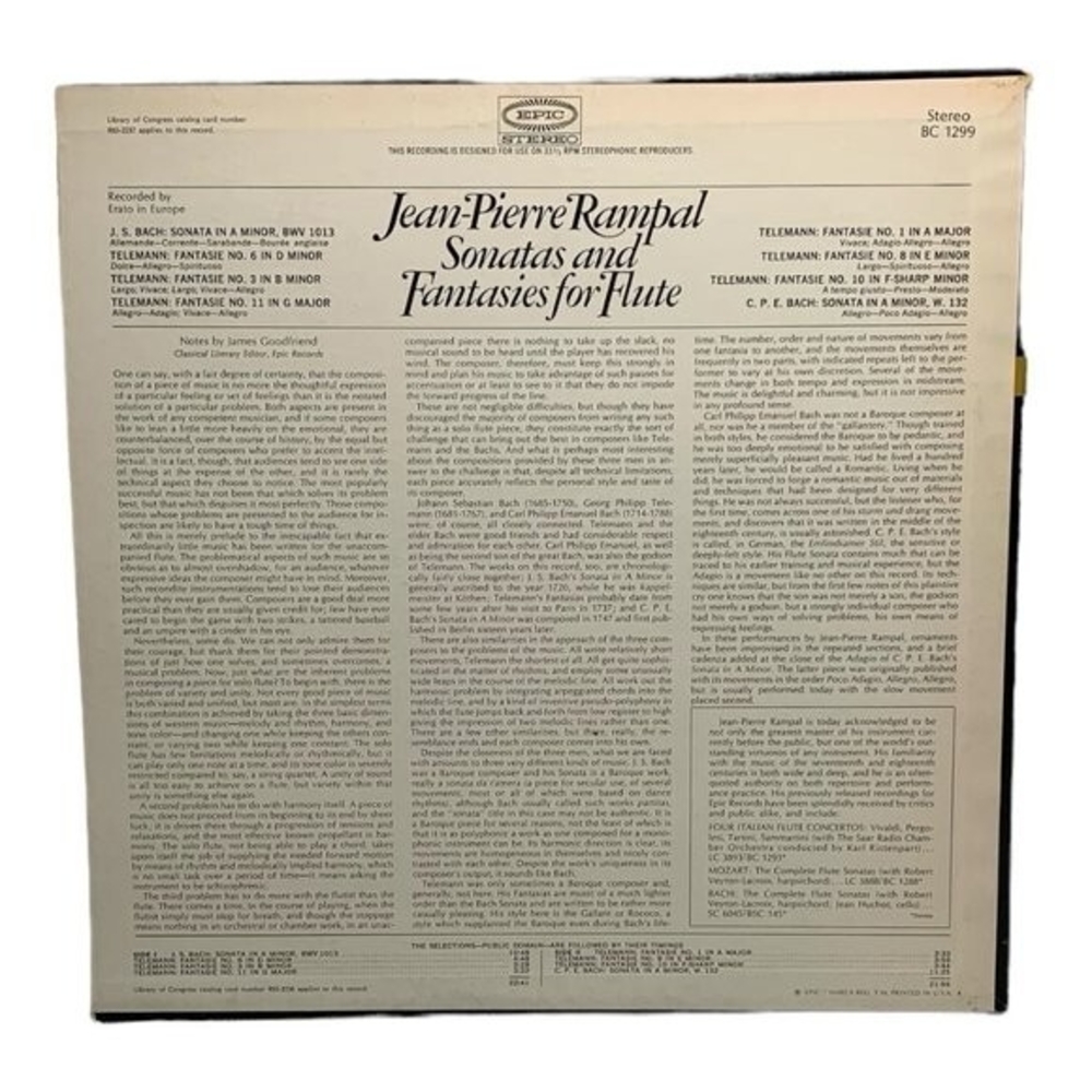 LP Jean-Pierre Rampal - Sonatas And Fantasies For Flute Vinyl Record - Picture 2 of 2
